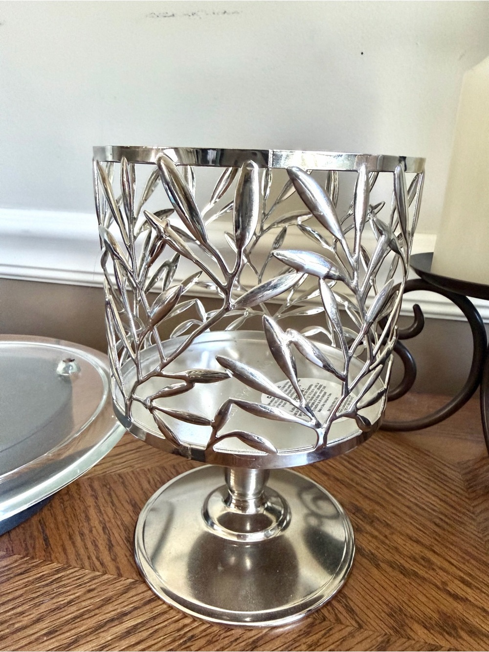 Bath & Body Works Silver Bamboo Leaf pedestal 2 Wick Candle Holder EUC